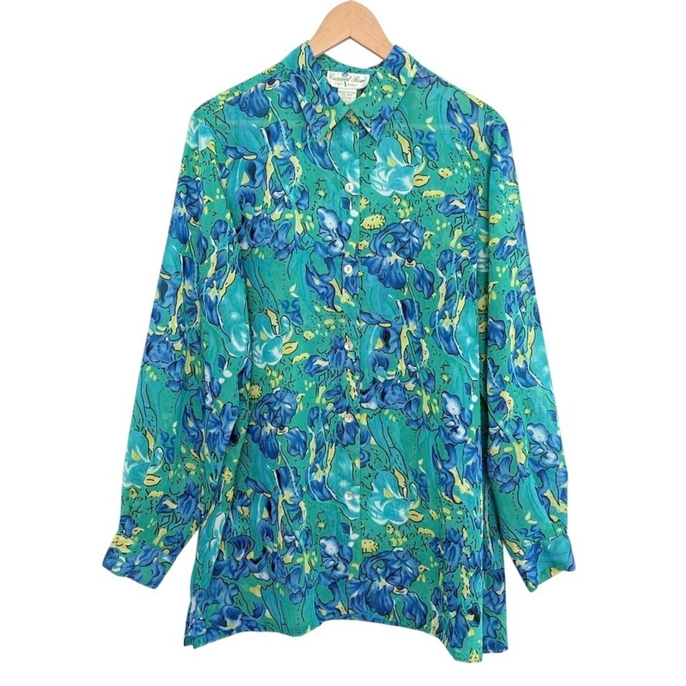 Coconut Row Palm Beach Silk Button Down‎ Shirt Blouse Floral Print Green Blue L